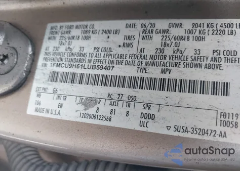2020 Ford Escape Sel z USA, uszkodzony, nr VIN 1FMCU9H61LUB59407